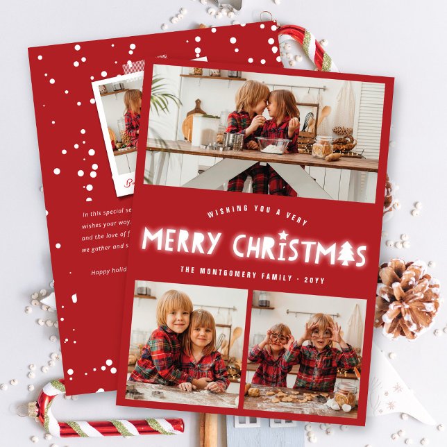 Whimsical Merry Christmas Glow Modern Chic 3 Photo Holiday Card (Creator Uploaded)