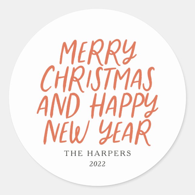 Whimsical Merry Christmas Happy New Year Red Class Classic Round Sticker (Front)
