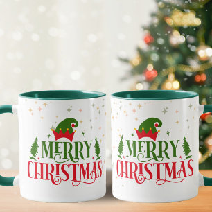 Whimsical Merry Christmas Mug with Green Elf Hat