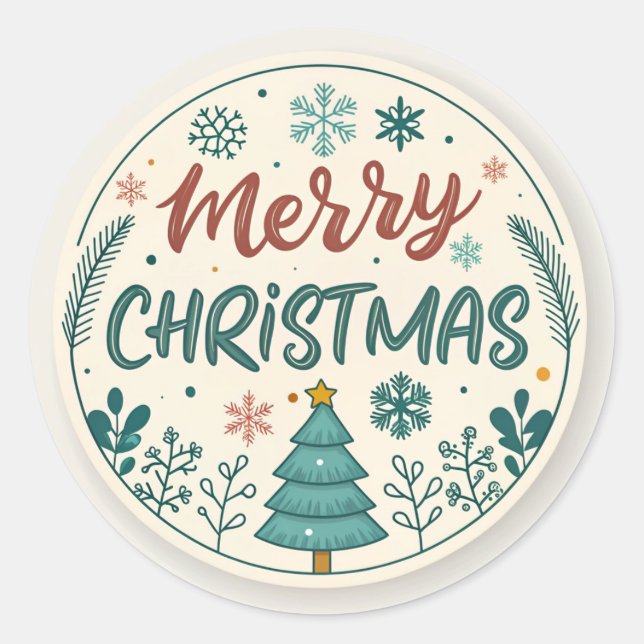 Whimsical Merry Christmas Round Sticker with Tree  (Front)