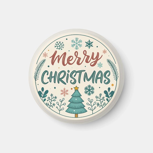 Whimsical Merry Christmas Round Sticker with Tree  Magnet (Front)