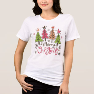 Whimsical Merry Christmas Trees Winter Snowflakes Tri-Blend Shirt