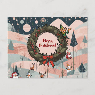 Whimsical Merry Christmas with Festive Wreath Postcard