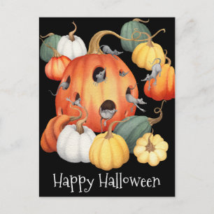 Whimsical Mice and Pumpkins Halloween Postcard