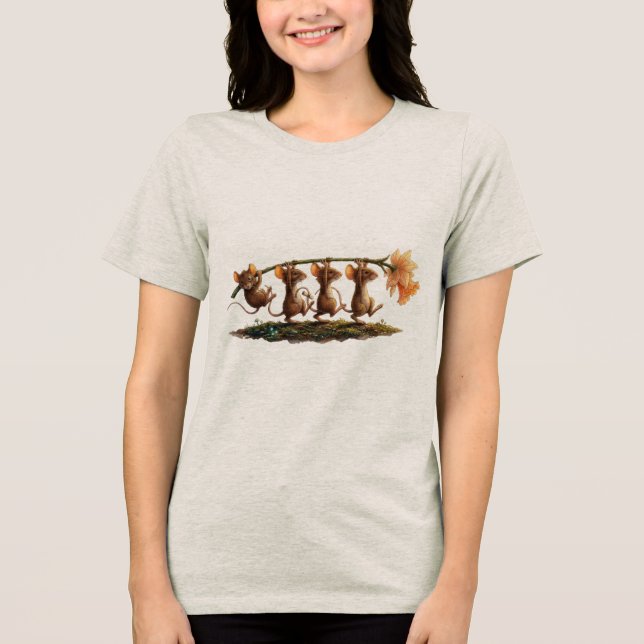 Whimsical Mice Carrying Daffodil Line Art Tri-Blend Shirt (Front)