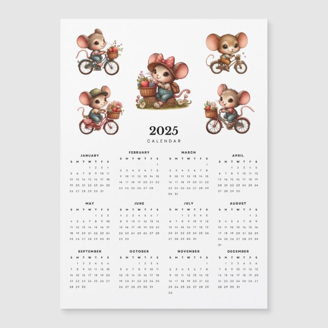 Whimsical Mice on Bicycles 2025 Magnetic Calendar (Front)