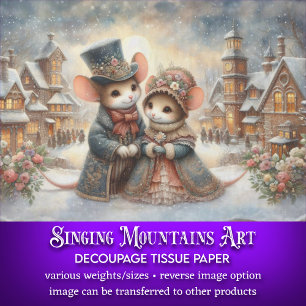Whimsical Mice Rustic Snowy Village Decoupage Tissue Paper