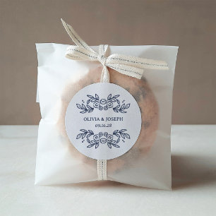 Whimsical Midnight Blue Hand Drawn Floral Wedding Classic Round Sticker