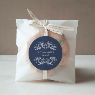 Whimsical Midnight Blue Hand Drawn Floral Wedding Classic Round Sticker