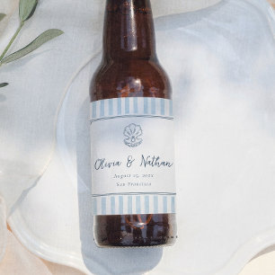 Whimsical Minimal Retro Blue Stripes Wedding Beer Bottle Label
