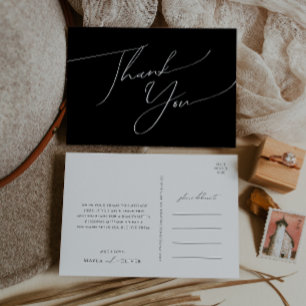 Whimsical Minimal Script   Black Wedding Thank You Postcard