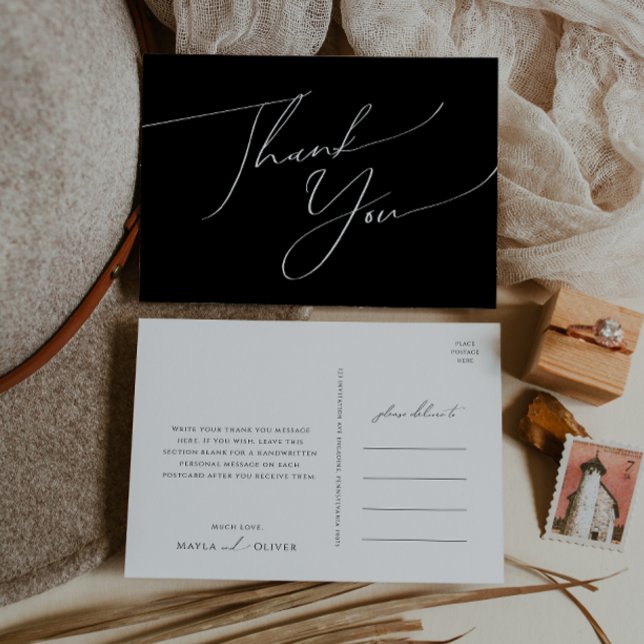 Whimsical Minimal Script | Black Wedding Thank You Postcard (Creator Uploaded)