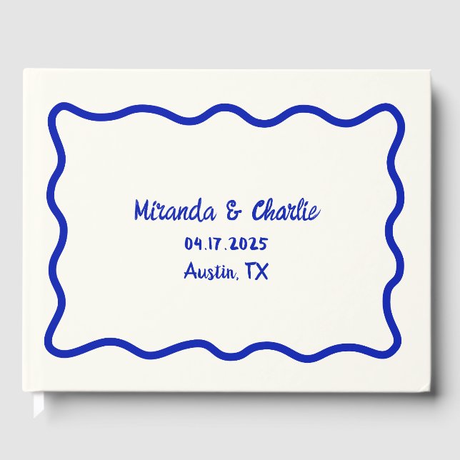 Whimsical Minimal Wavy Border Bold Blue Wedding Guest Book (Front)