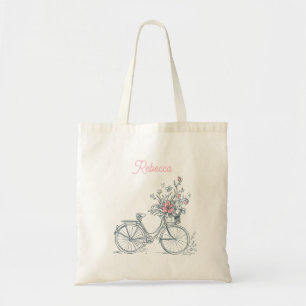 Whimsical Minimalist Bicycle Vine Pink Rose Tote Bag