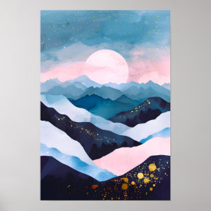 Whimsical Minimalist Gold Mountain Watercolor Poster