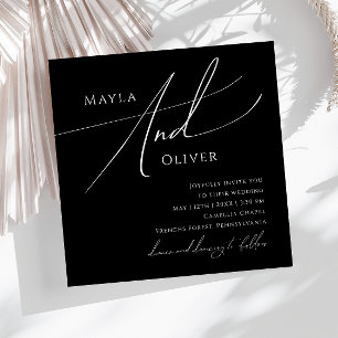Whimsical Minimalist Script   Black Square Wedding Invitation