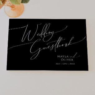 Whimsical Minimalist Script   Black Wedding Guest Book