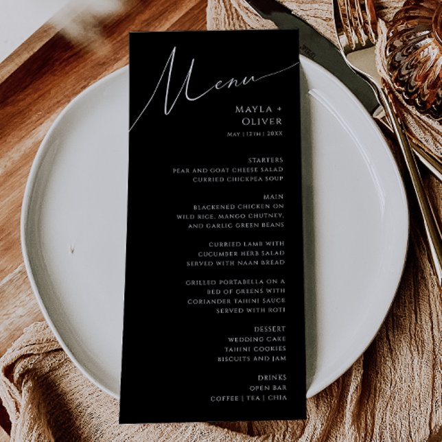 Whimsical Minimalist Script | Black Wedding Menu (Creator Uploaded)