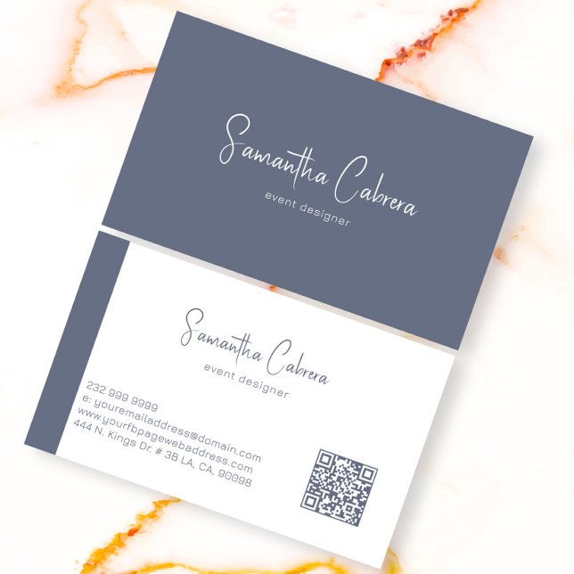 Whimsical Minimalistic Calligraphy On Blue Grey Business Card (Creator Uploaded)