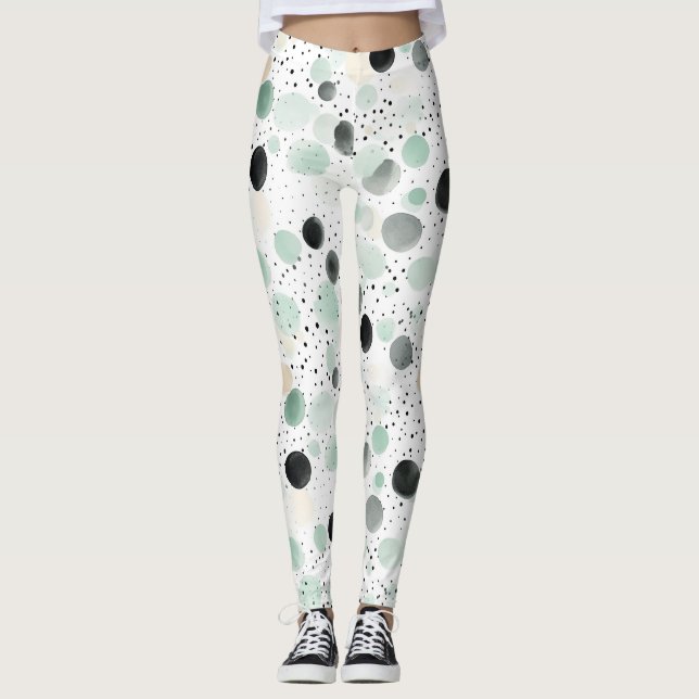 Whimsical Mint Black Cream Dots   Leggings (Front)