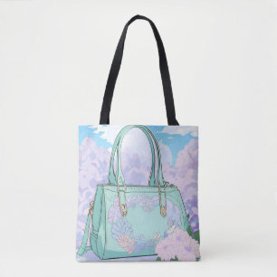 Whimsical Mint Floral Handbag Sky and Clouds tote