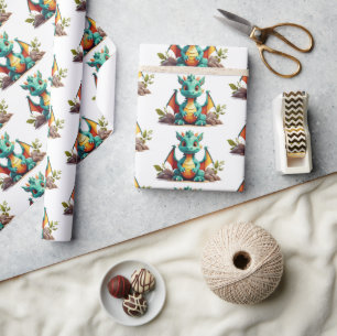 Whimsical Mint Green Baby Dragon Wrapping Paper