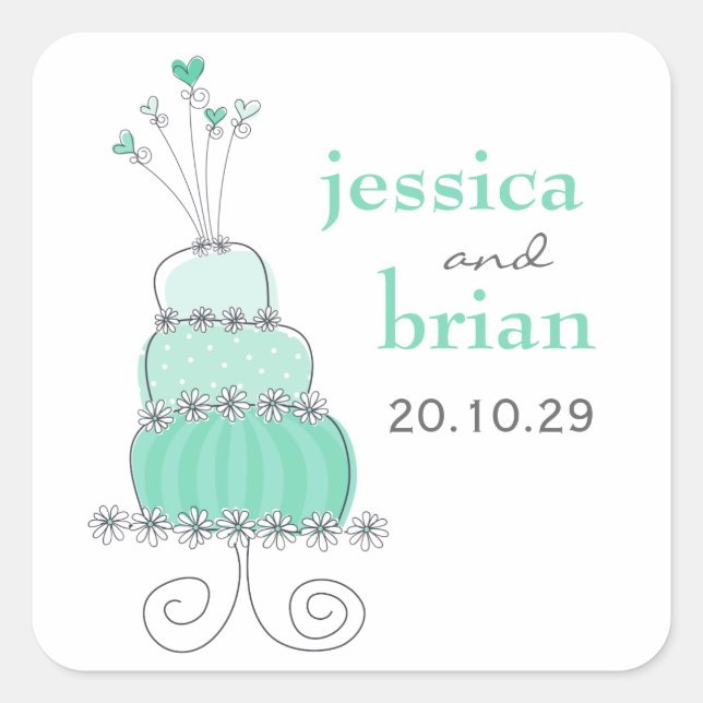 Whimsical Mint Green Sweethearts Chic Wedding Cake Square Sticker (Front)