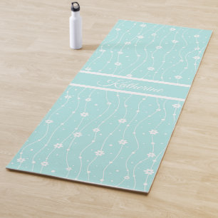 Whimsical Minty Green Daisy Floral Script Name  Yoga Mat