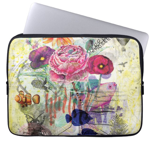 Whimsical mixed media collage art laptop sleeve (Front)