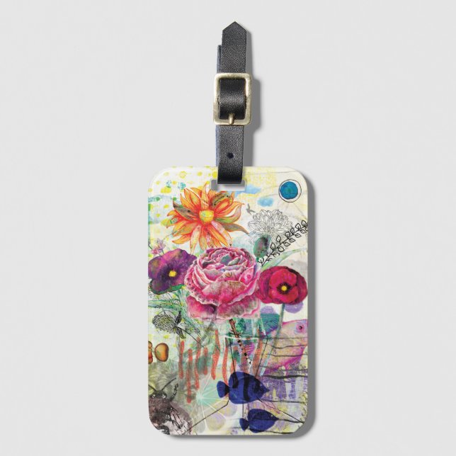 Whimsical mixed media collage art luggage tag (Front Vertical)