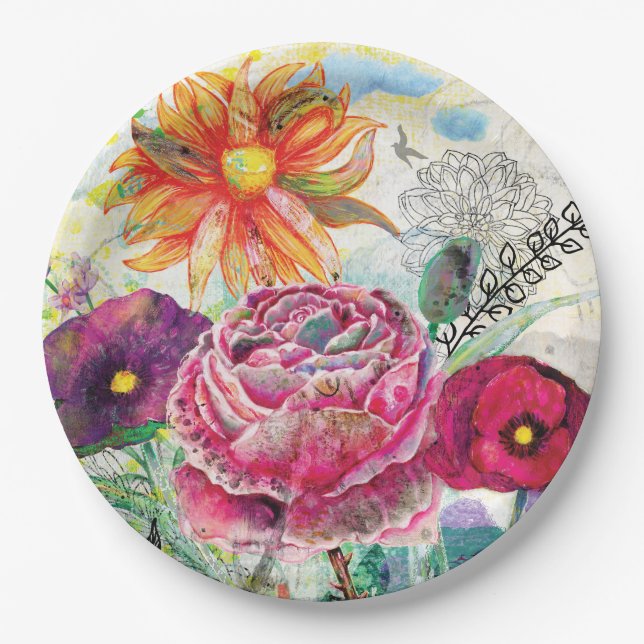 Whimsical mixed media collage art paper plate (Front)