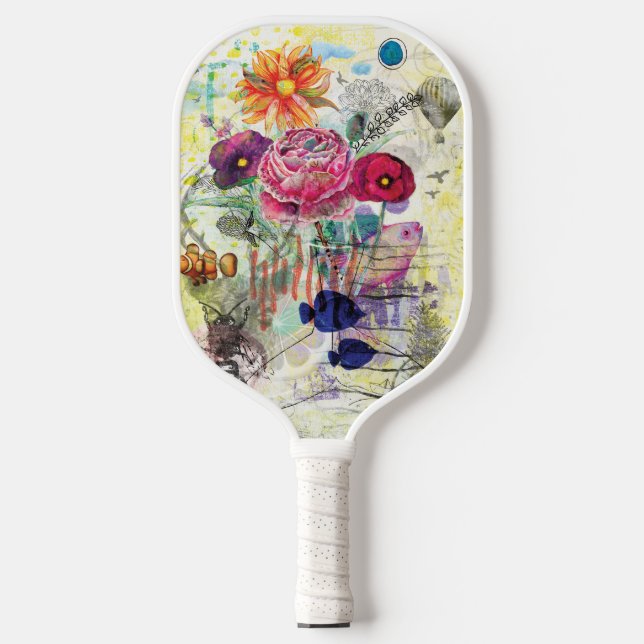 Whimsical mixed media collage art  pickleball paddle (Front)