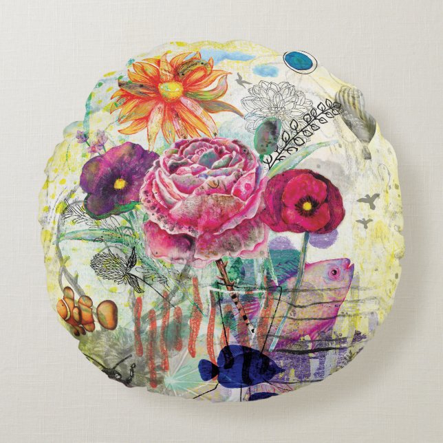 Whimsical mixed media collage art round cushion (Front)