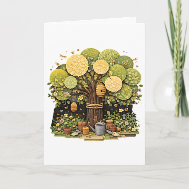 Whimsical Mixed Media Garden Tree with Beehives Card (Front)