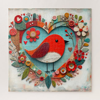 Whimsical mixed media Red Robin Bird Heart Jigsaw Puzzle