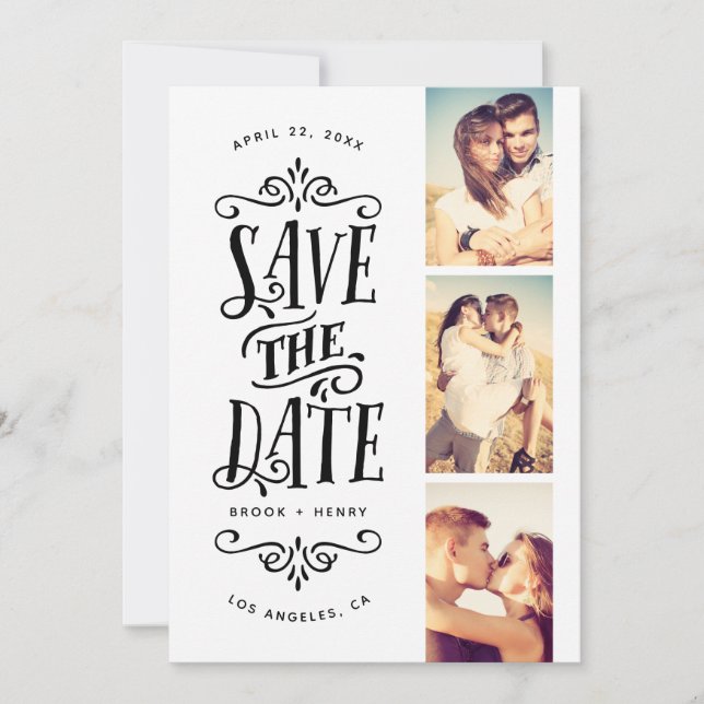 Whimsical Mod 3-Photo Save The Date | Black (Front)