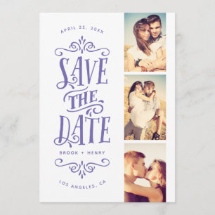 Whimsical Mod 3-Photo Save The Date   Periwinkle