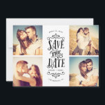 Whimsical Mod 4-Photo Save The Date | Black<br><div class="desc">Announce your date in style with this 4-photo save the date card featuring bold typography. The reverse features a striped pattern and an additional photo and text.</div>