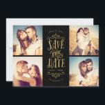 Whimsical Mod 4-Photo Save The Date | Gold Black<br><div class="desc">Announce your date in style with this 4-photo save the date card featuring bold typography. The reverse features a striped pattern and an additional photo and text.</div>