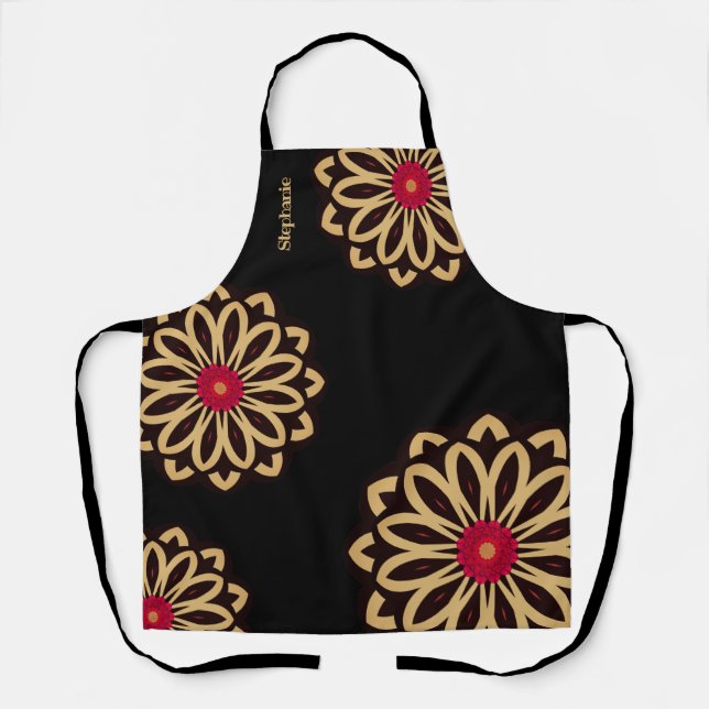 Whimsical Mod Flowers Black & Gold Personalised Apron (Front)