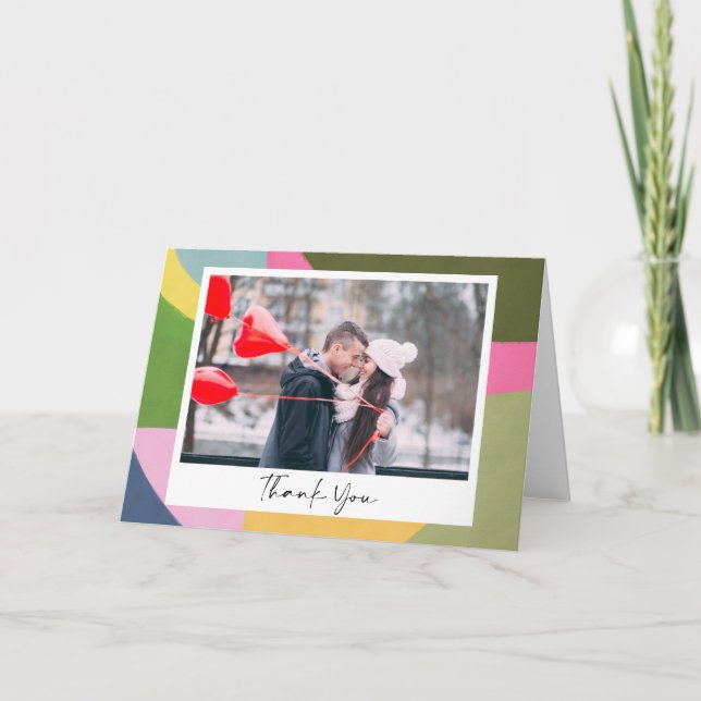 Whimsical Modern Abstract Art Photo Wedding Thank You Card (Front)