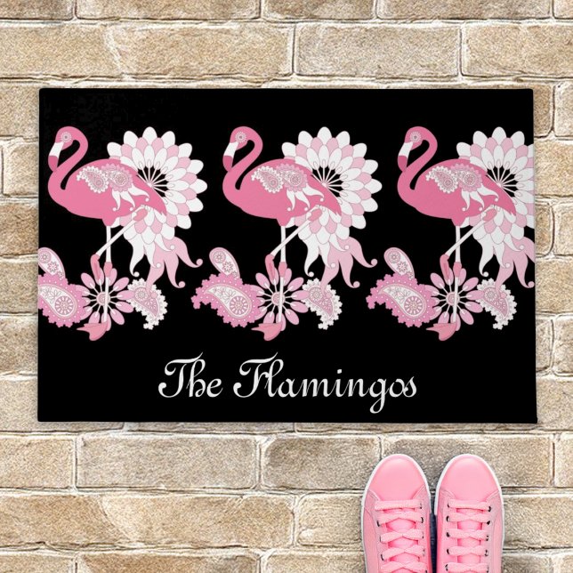Whimsical Modern Black Pink Flamingo Doormat (Creator Uploaded)