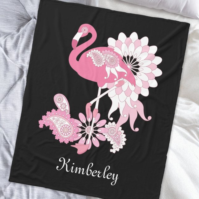 Whimsical Modern Black Pink Flamingo Fleece Blanket (Creator Uploaded)