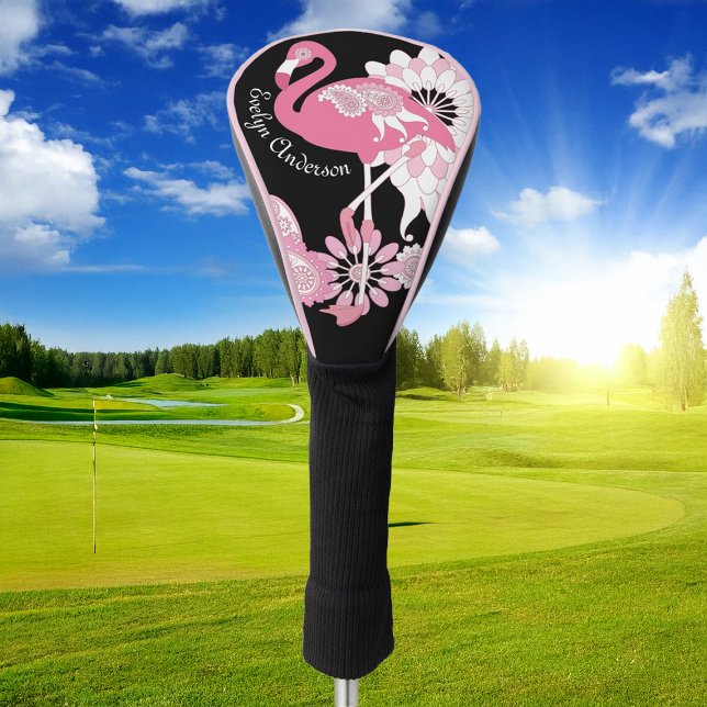 Whimsical Modern Black Pink Flamingo Golf Head Cover (Creator Uploaded)