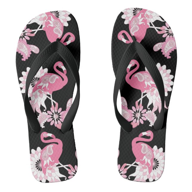 Whimsical Modern Black Pink Flamingo Jandals (Footbed)