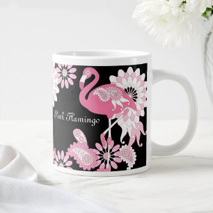 Whimsical Modern Black Pink Flamingo Large Coffee Mug