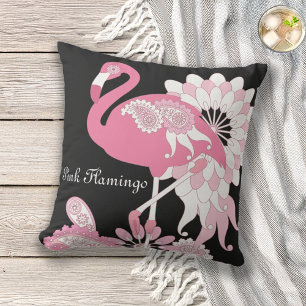 Whimsical Modern Black Pink Flamingo Outdoor Cushion