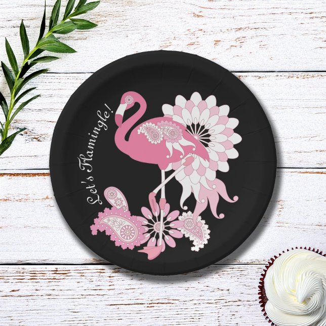 Whimsical Modern Black Pink Flamingo Paper Plate (Creator Uploaded)
