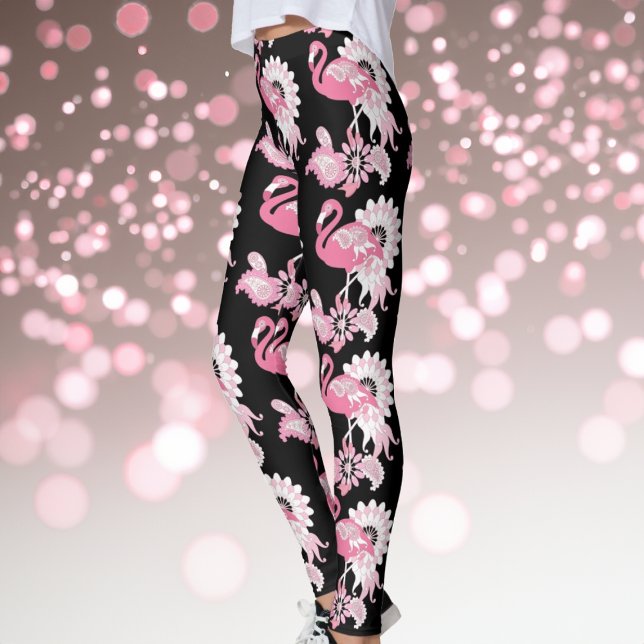 Whimsical Modern Black Pink Flamingo Pattern Leggings (Creator Uploaded)