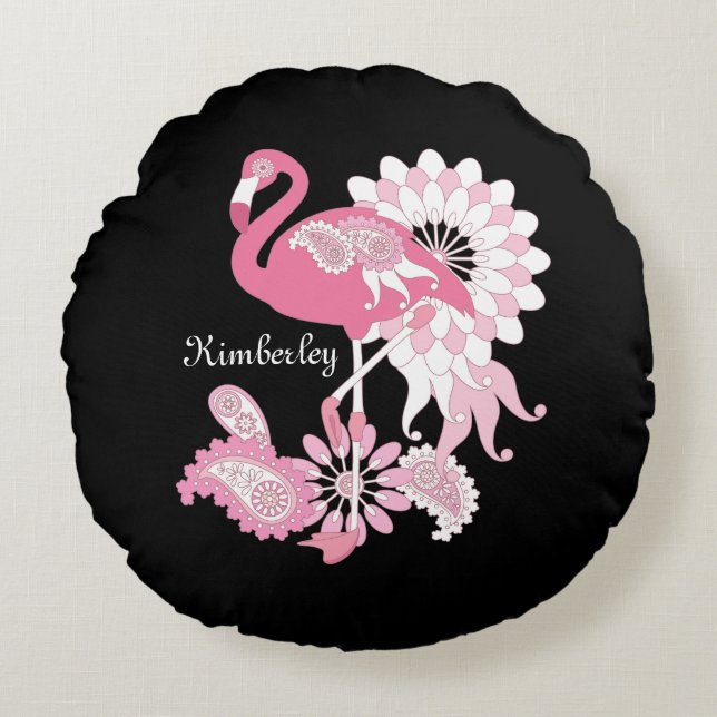 Whimsical Modern Black Pink Flamingo Round Cushion (Front)